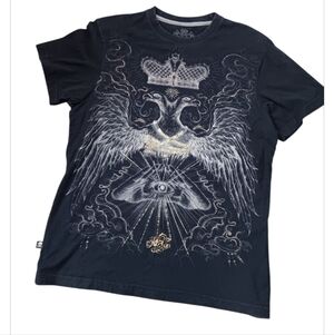 Vintage Marc Ecko Black Tee with Gold and Silver Graphic Y2k